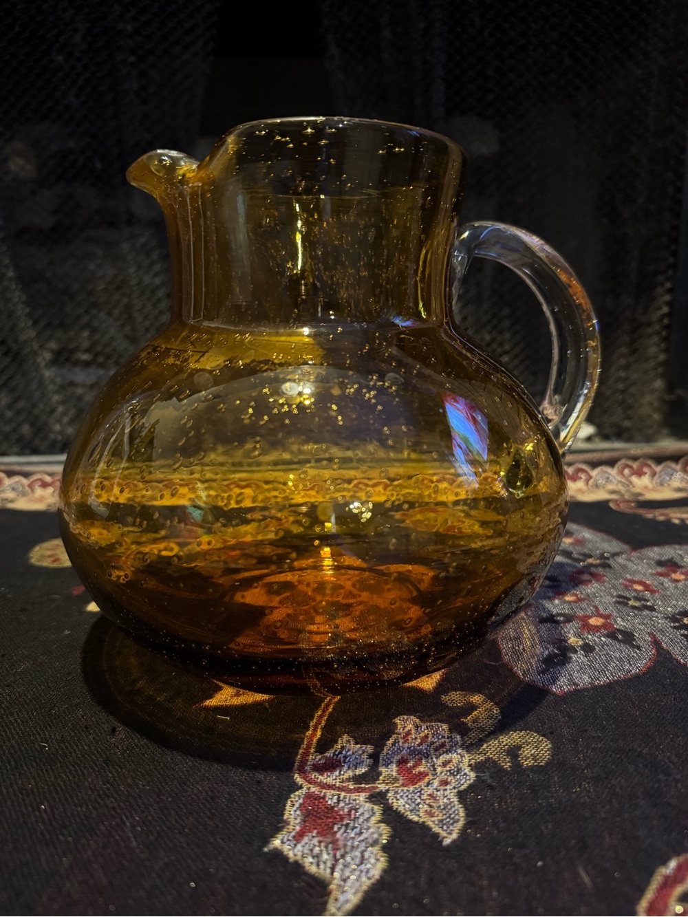 MCM Amber Hand Blown Art Glass Clear Applied Handle Ice/Splash Guard Pitcher